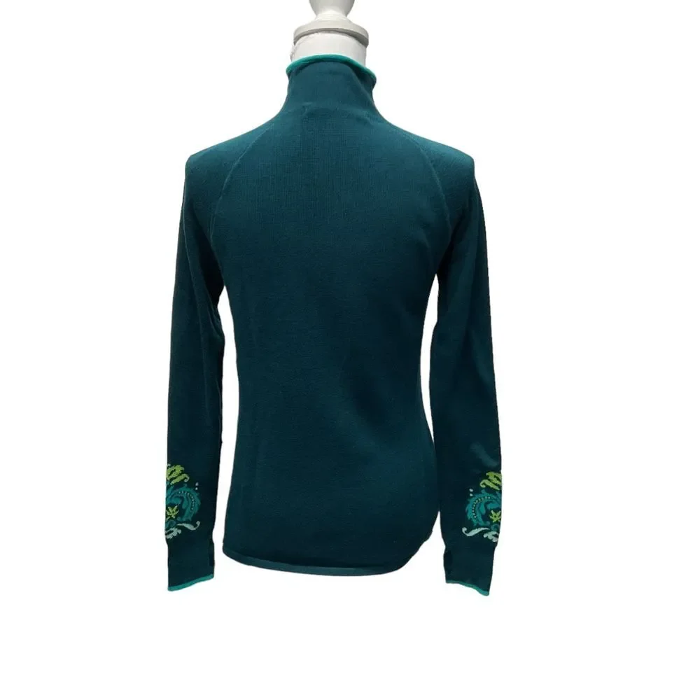Athleta 1/4 Zip Floral‎ Knit Pullover Sweater Blue Green Thumbholes Size S Cozy